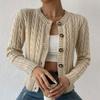 Women's Crew Neck Long Sleeve Cable Knit Button Down Cardigan Loose Fit Casual Sweater