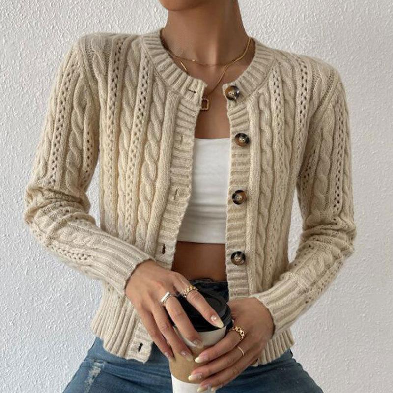 Women's Crew Neck Long Sleeve Cable Knit Button Down Cardigan Loose Fit Casual Sweater