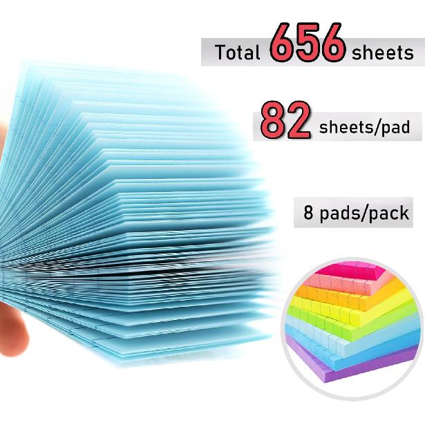 Lined Sticky Notes 3x3 in Bright Ruled Stickies Colorful Super Sticking Power Memo Pads, 82 Sheets/pad, 8 Pads/Pack