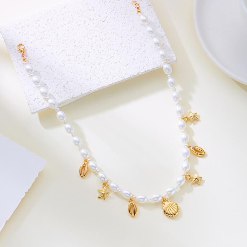 Bohemian Starfish Conch Pendant Necklace Bracelet Women Pearl Beads Chain Choker Jewelry Summer Holiday Beach Gift