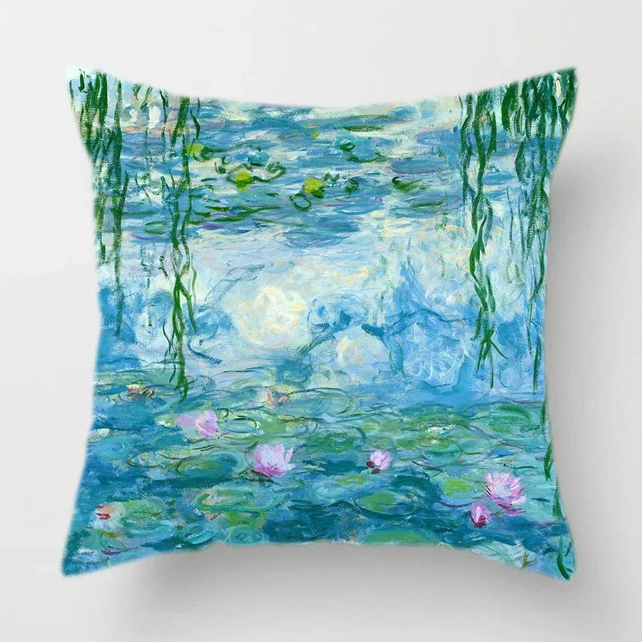 Claude Monet Polyester Printing Cushion Cover Sofa Landscape World Famous Oil Painting Throw Decorative Pillow Case Home Decor
