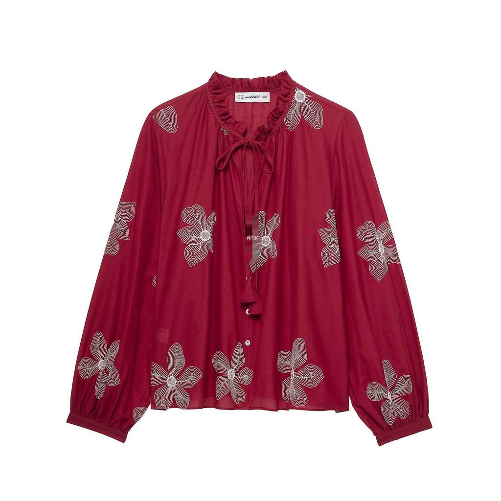 TAO P&ZA Women's Floral Embroidery Lace Trim Tie-Neck Shirt - Summer Style 3564066