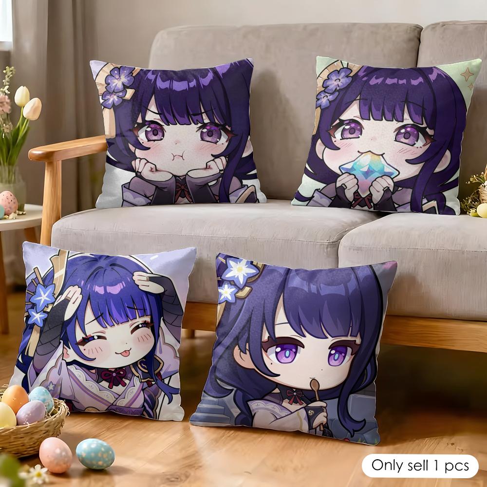 Raiden Shogun Cute Genshin Cushion Cover Silky Short Plush Invisible Zipper Dustproof Sofa Pillow Case For Home Decor