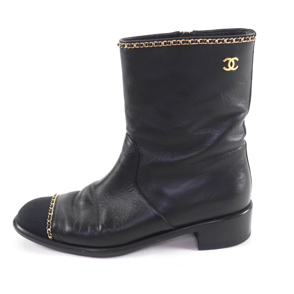Great CHANEL short boots black leather Women 38 G37826 Used