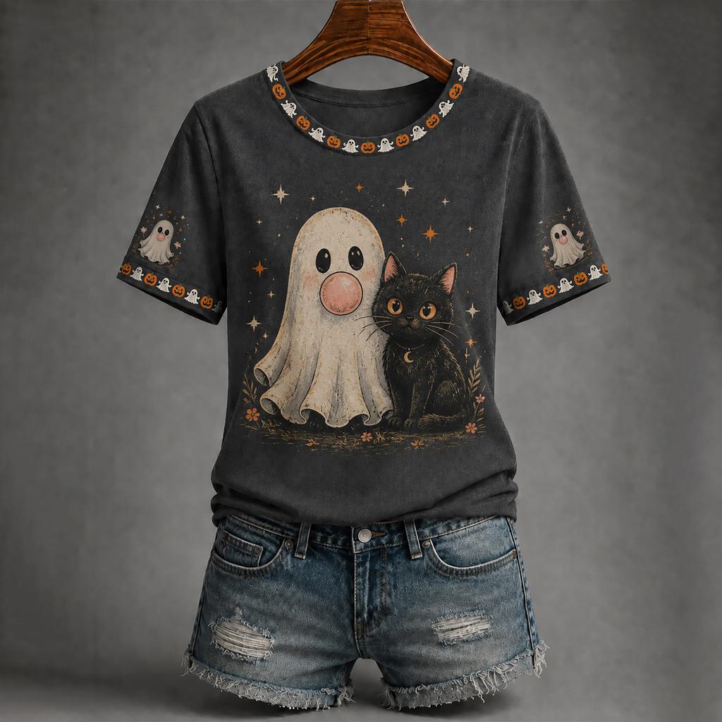 Women's Casual Halloween Print Short Sleeve T-Shirt Top for Everyday Outfits