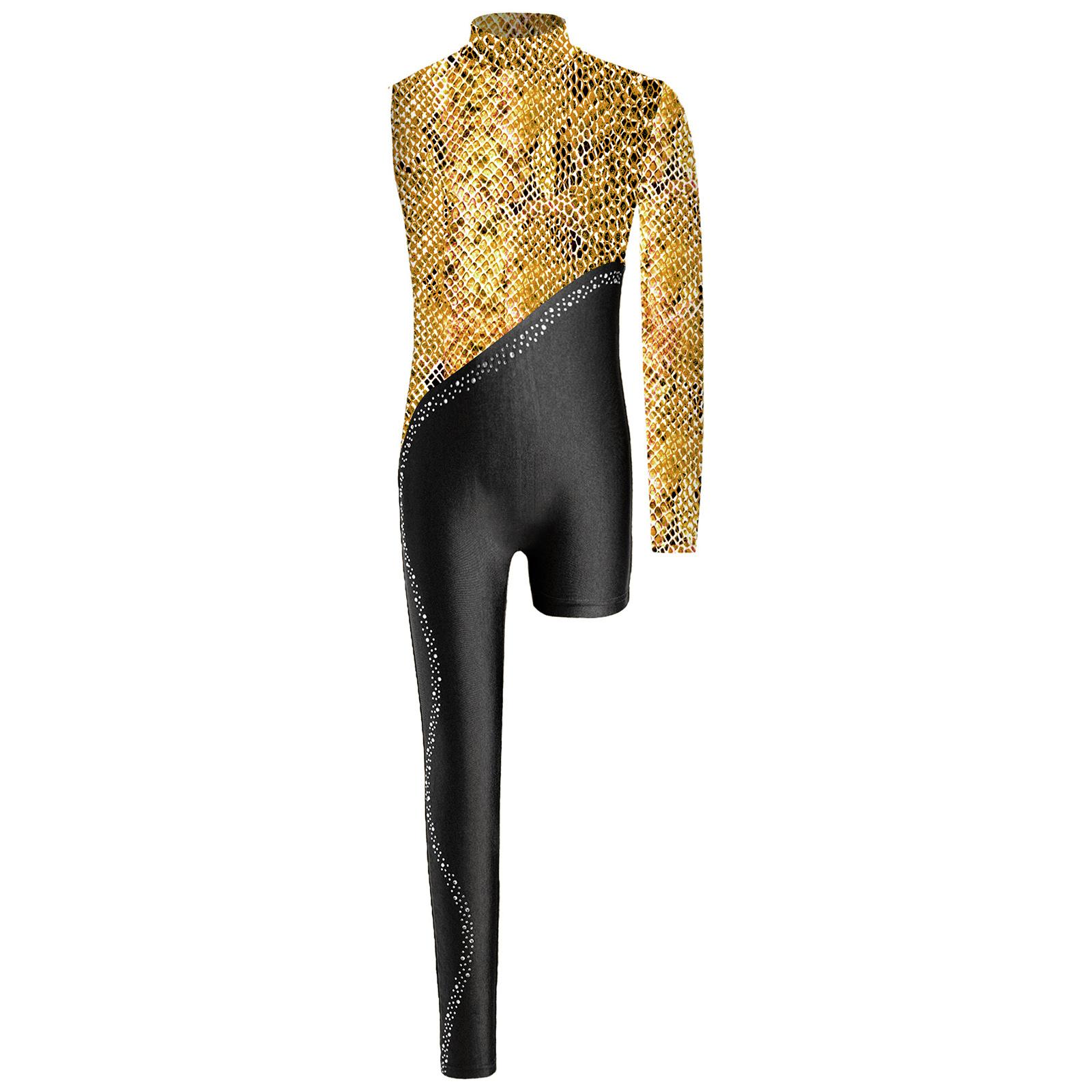 

Girls Gymnastics Leotard Sparkly Rhinestone Invisible Zipper Printed Full Length Skating Jumpsuit 5-6 Years жовтий