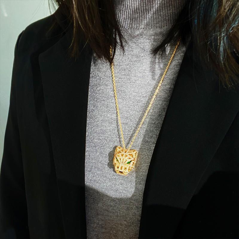 Gold Plated Leopard Head Pendant Necklace With Rhinestones Irregular Cutout Punk Style Long Chain Sweater