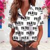 Women Plus Size Collared Short Sleeve Paris Printed White Button Front Shirt