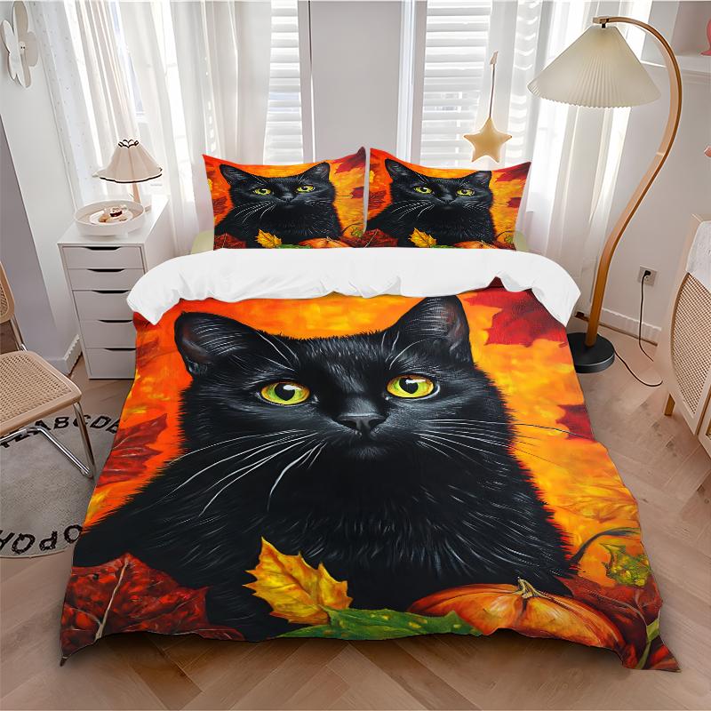 3Pcs Autumn Cat Portrait Bedding Set Soft Fabric Duvet Cover Pillowcases Home Christmas Xmas Halloween Gift 1 Duvet Cover 2 Pillowcase Eg17