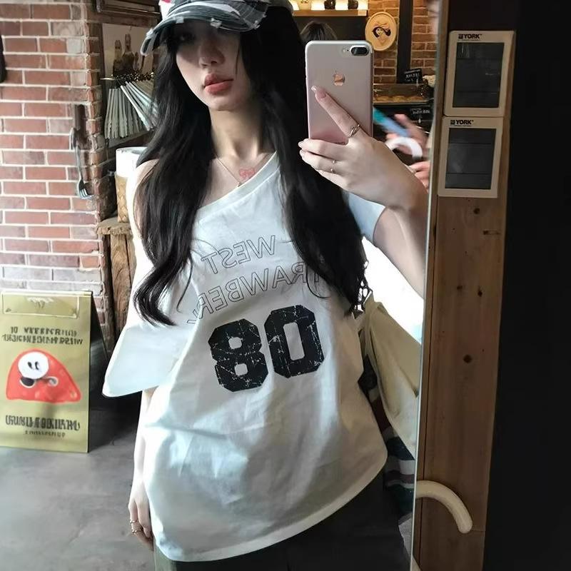 Spicy Girl One-Shoulder Short-Sleeve T-Shirt: Women s Stylish Summer Off-Shoulder Loose Slimming Top Large