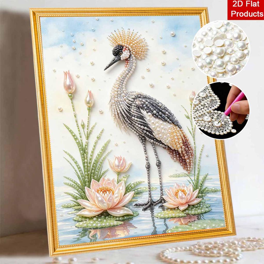 This pearl painting kit features 5D pearls and a graceful crane with lotus flowers mosaic art style. designed for home wall decoration.