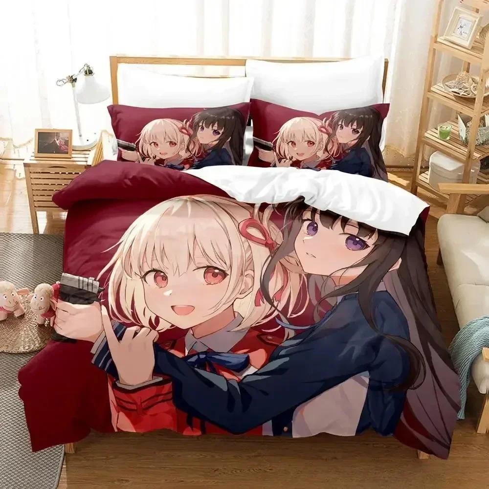 Lycoris Recoil Bettwäsche-Set, Einzel-, Zwillings-, Voll-, Queen- und King-Size-Bettset, Schlafzimmer für Erwachsene und Kinder, Bettbezug-Set, 3D-Anime-Bettlaken-Set