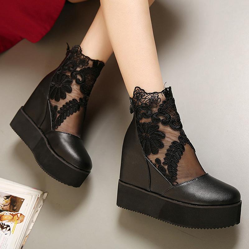 

Fashion super high heels summer lace shoes woman round toe platform sandals zip open flower mesh wedges botas mujer creepers sandalias 34 чёрный