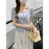 Bow Lace Knitted Sweater Short Sleeve Women's Summer Niche Square Neck Button Bottom T-Shirt Small Short Top