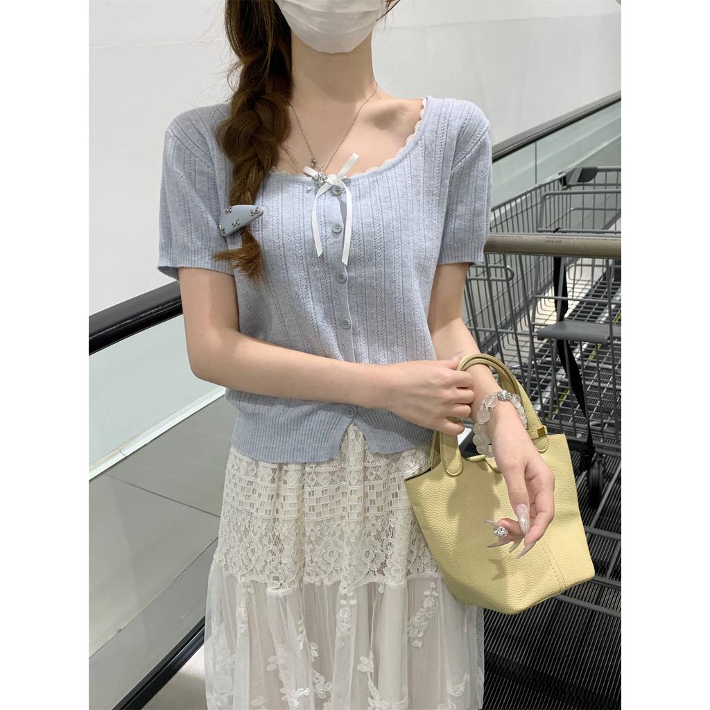 Bow Lace Knitted Sweater Short Sleeve Women's Summer Niche Square Neck Button Bottom T-Shirt Small Short Top