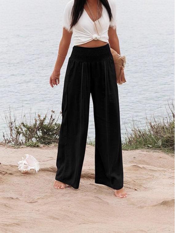 2025 Spring/Summer Women's Solid Color Elastic Waist Wide-Leg Casual Pants
