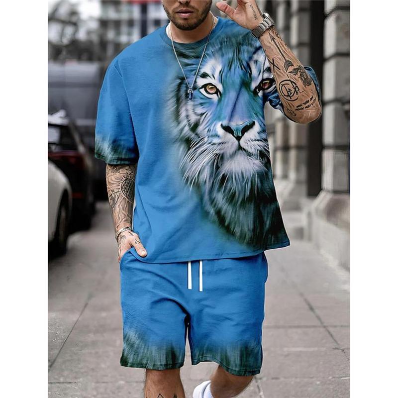 Summer Fashion Casual Men's Suit 3D Printed Sportswear Short-sleeved Suit Oversized Round Neck T-shirt Shorts 2-piece