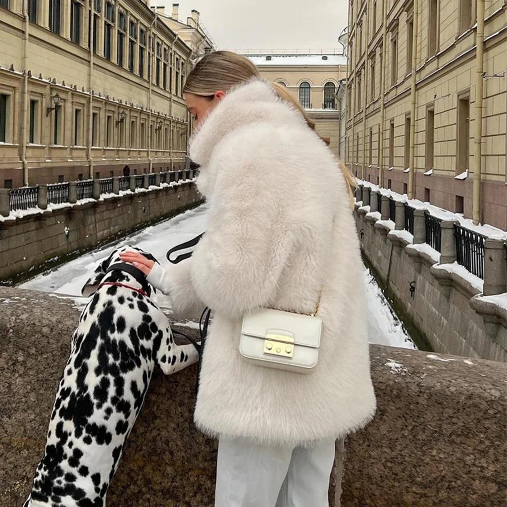 VAYLA Fashion Fluffy Furry Faux Fur Jacket Women Winter Shaggy Overcoats Thick Warm Medium Length Fox Fur Coat Plush Outerwear Femme