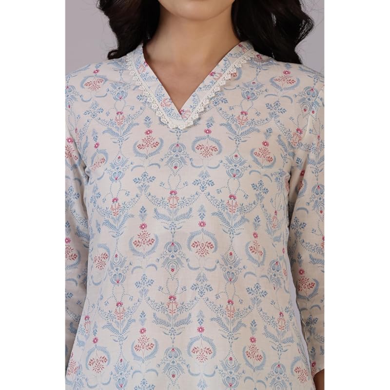 W for Woman Off-White Floral Printed Pure Cotton Straight Kurta and Pants Co-ord Set (Size: M)-WS12337-125452