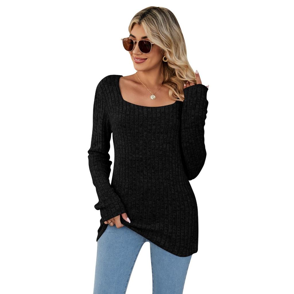 New Women's Long Ribbed Modal Top, Fall Winter Square Neck Fleece Lined Casual Long Sleeve Top, European American Style Women's Clothing