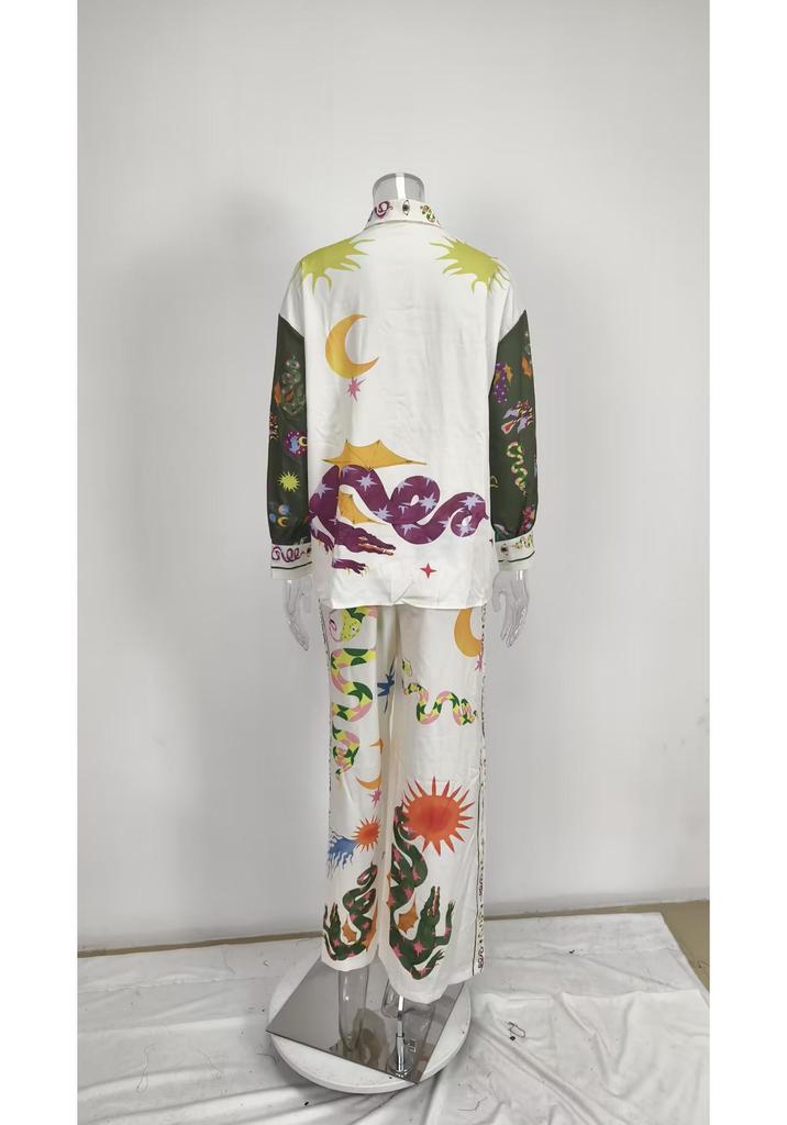 2026 Spring Women's European & American Loose Casual Printed Shirt & Wide-Leg Pants Set
