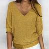 Women's Fashion Solid Color V Neck 3/4 Sleeve Pullover Knitted Shirt Top