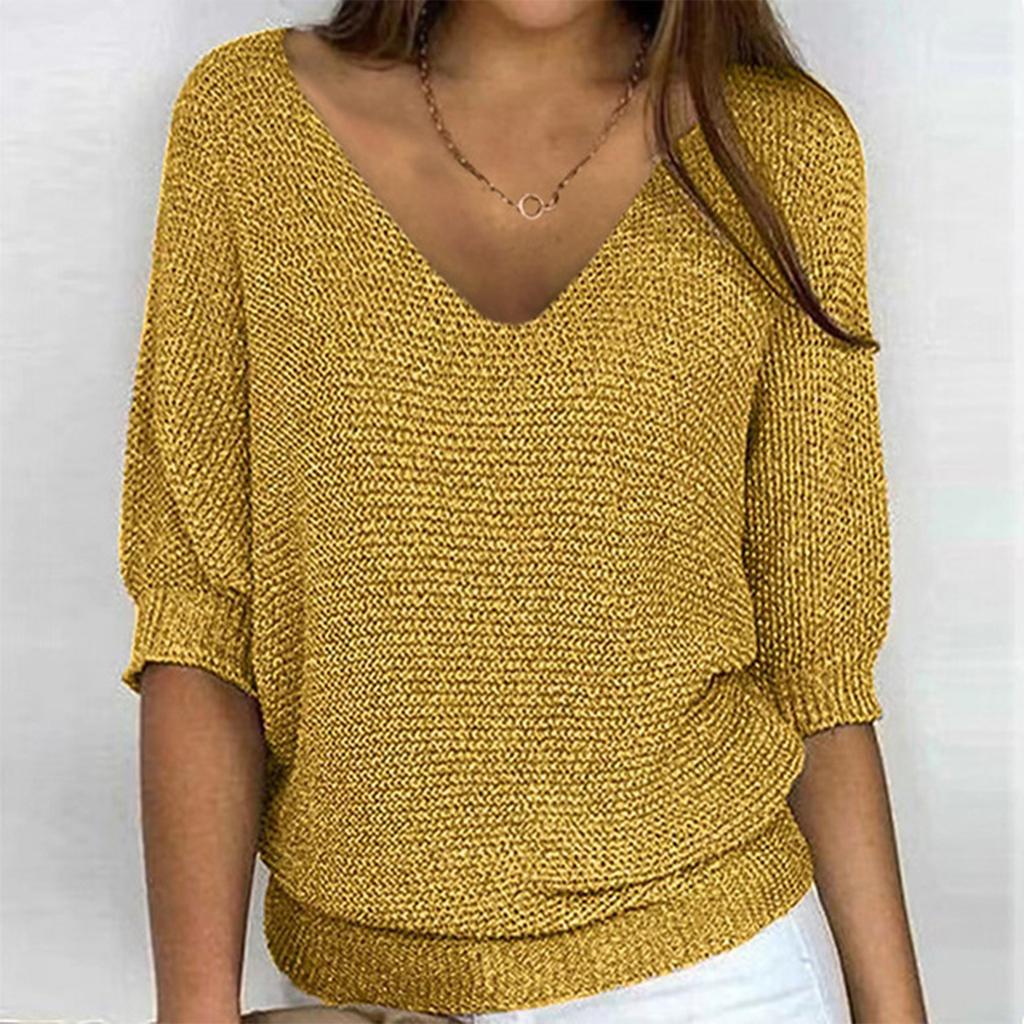 Women's Fashion Solid Color V Neck 3/4 Sleeve Pullover Knitted Shirt Top