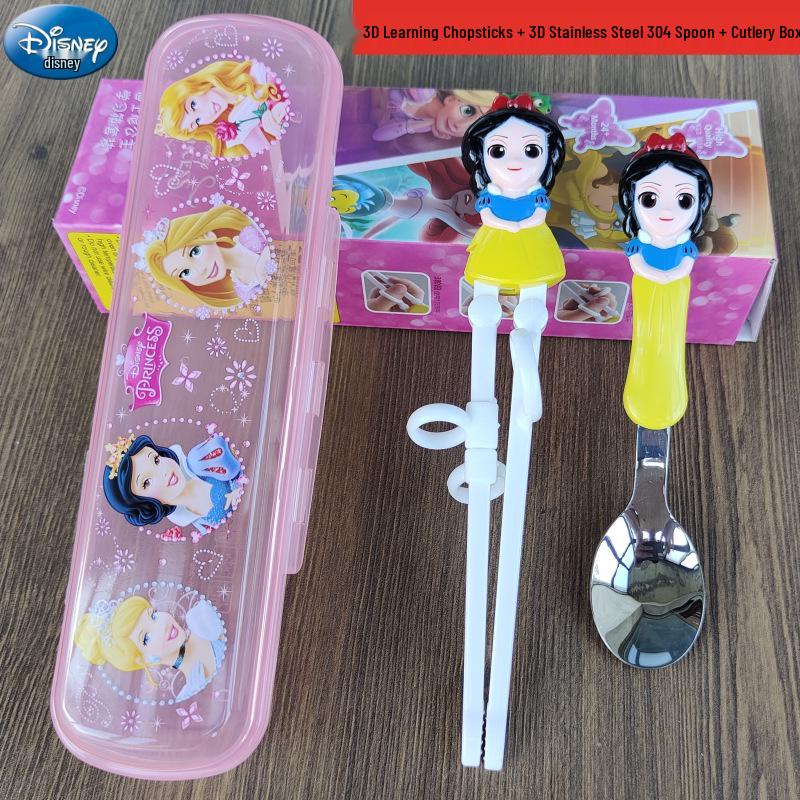 Disney 3D Cartoon Children's Stainless Steel Cutlery Set: Fork, Spoon, and Training Chopsticks