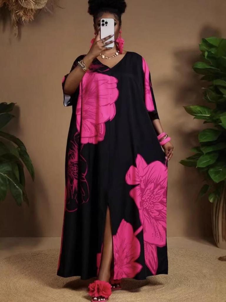 2026 European Summer Women's V-Neck Long Print Casual Fashion Dress