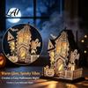 Solid Wood Hollow Light Transmitting Display 3D Halloween Village Haunted House Figurine Spooky Up Wooden Castle Ornament Assembled Model with Ghost