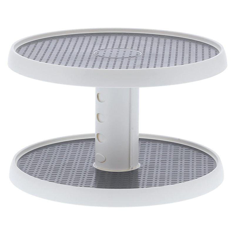 T02C!Durable Plastic 2 Tier Turntable Rack Organizer, Adjustable Rotating Holder Shelf, Gray White Space Saving Kitchen Storage
