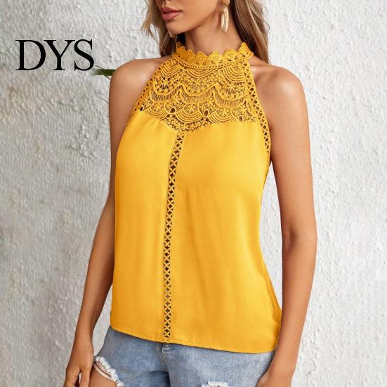 Sexy Back Button Vest Women Halter Neck Solid Color Lace Decoration Blouse Tops Hollow Stitching Casual Button-up Cami