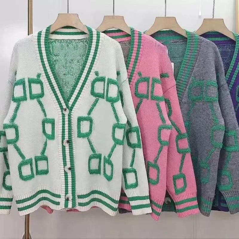 Winter  New Loose Knitted Women Cardigan Casual V-neck Drop-shoulder Sleeve Sweater Spring Print Female Chic Crochet Outerwear