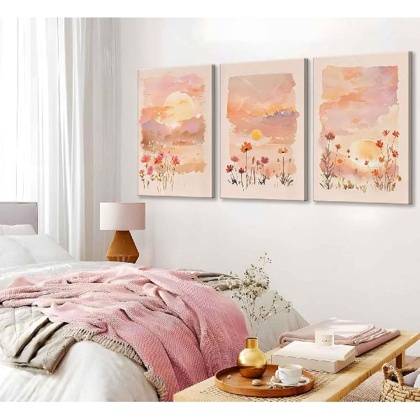 3 Pieces Sunrise Canvas Wall Art Blush Pink Wildflowers Floral and Orange Sunset Watercolor Landscape Paintings Pictures Wall Decor Poster Print