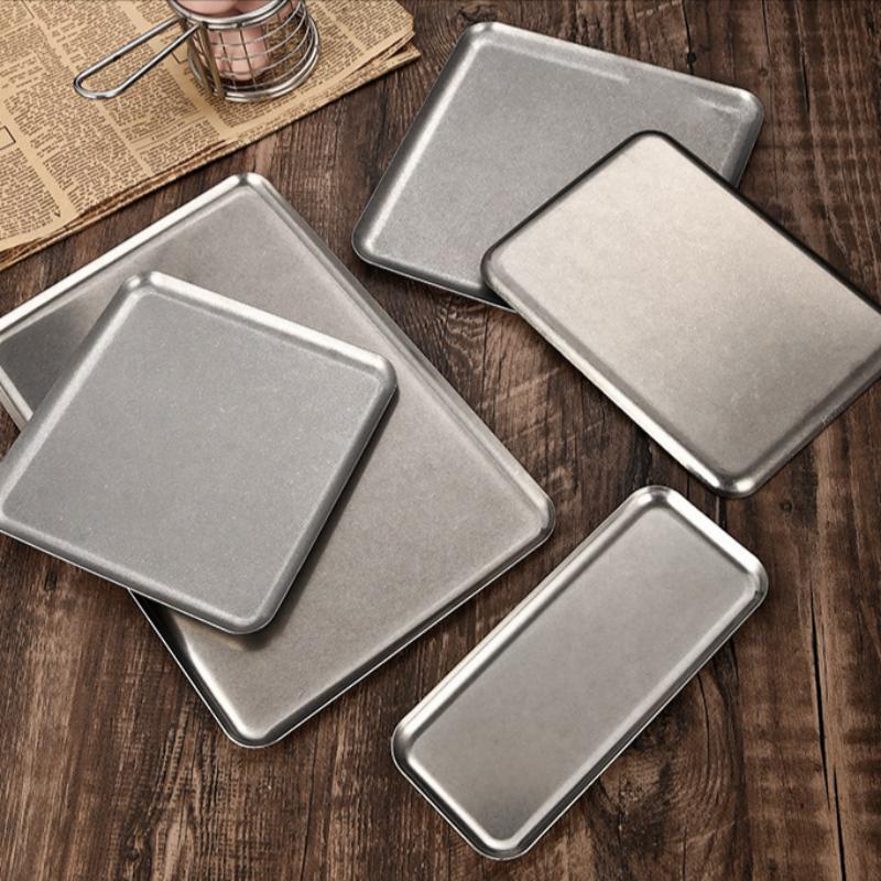 Vintage 304 Stainless Steel Snowflake Silver Square Tray Round Edge Dinner Plate Dessert Grill Tray Steak Plate Decorative Tray