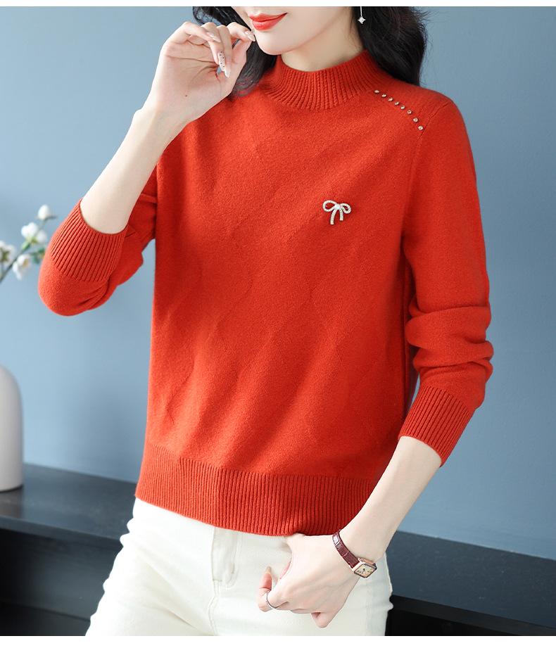 Stylish Women's Beaded Wool Sweater: Solid Color, Half-High Neck Pullover
