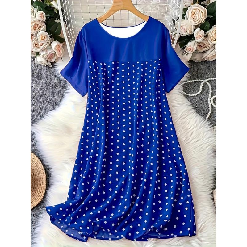 Spring Summer Polka Dot Round Neck Short Sleeved Sleeping Skirt Comfortable Dress for Women