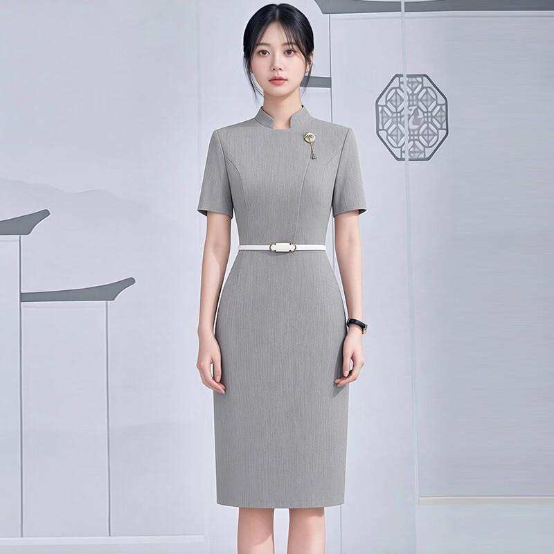 Elegant New Chinese Style Short-Sleeve Work Dress L