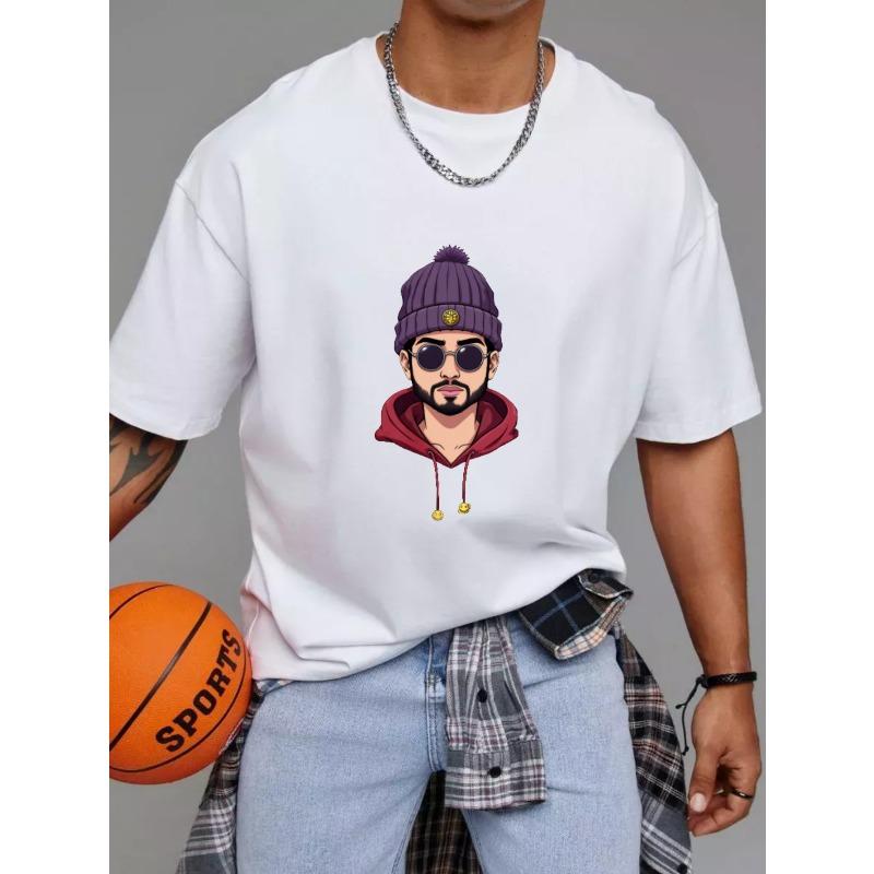 White T-Shirt with Cartoon Man Wearing Beanie and Sunglasses Print for Casual Wear