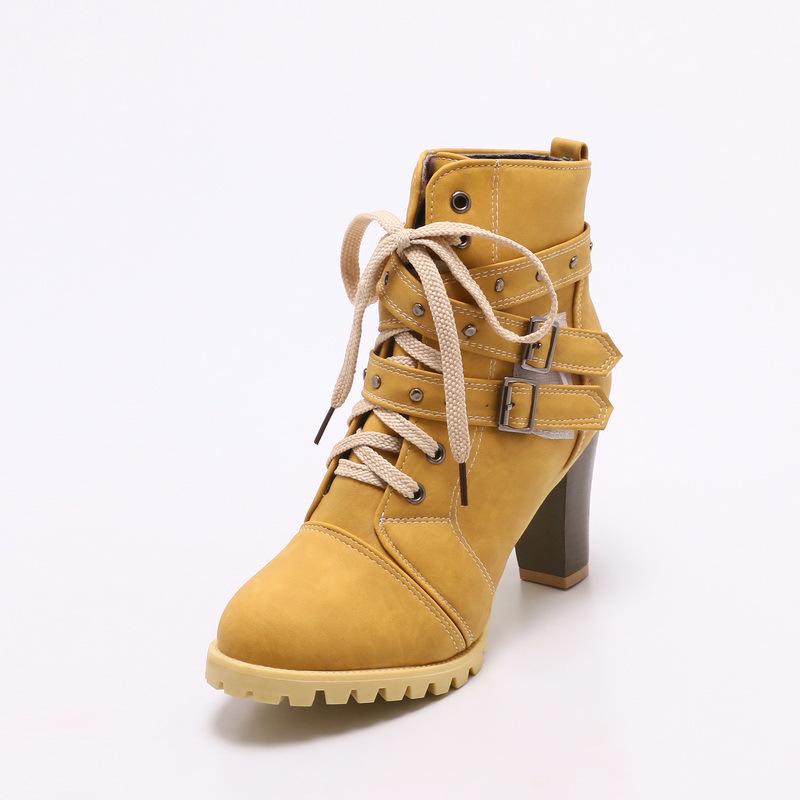 Front lace-up large-size women's boots, belt buckle, short boots, high-heeled rivet boots, long-term supply