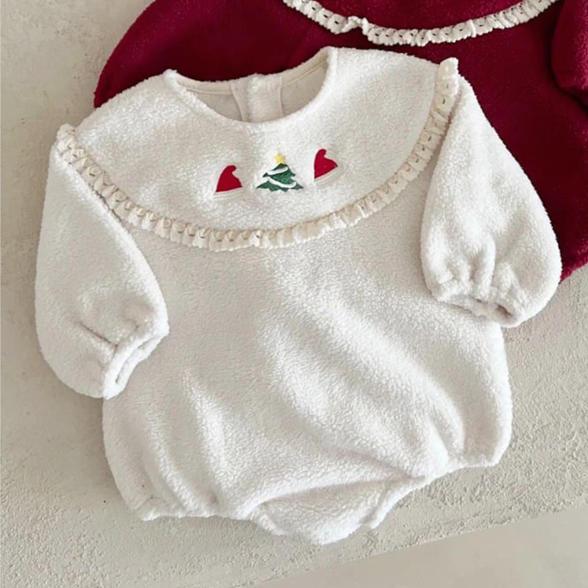Baby Christmas Lace Collar Romper, Fleece-Lined Plush Crawling Suit 66 cm