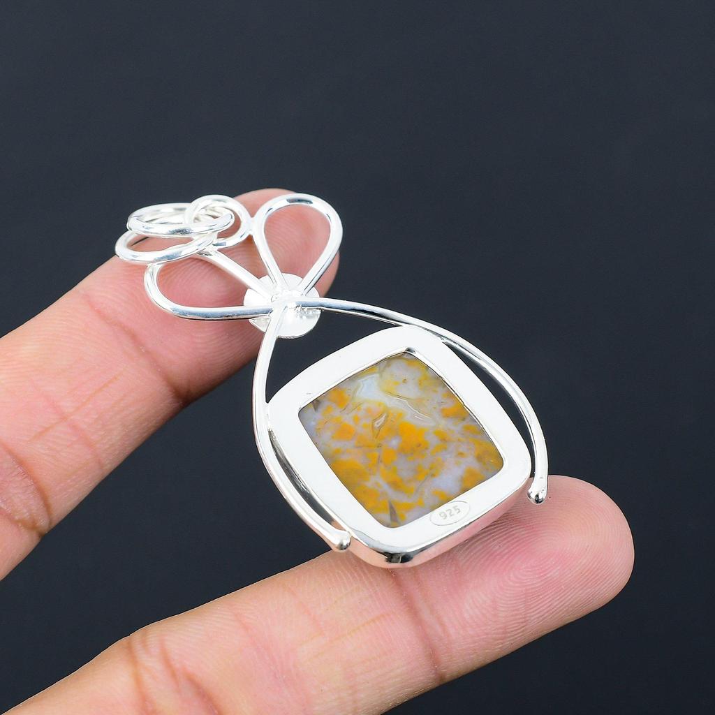 Sterling Silver Cushion Plume Agate Stone Engagement Art Deco Daughter Pendant