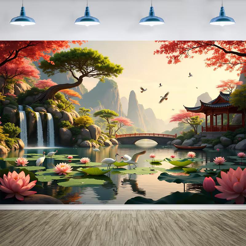 2D Chinesischer Landschafts-Hintergrundstoff mit Wasserfall, Kiefern & Kranichen für Studio & Heimdekoration