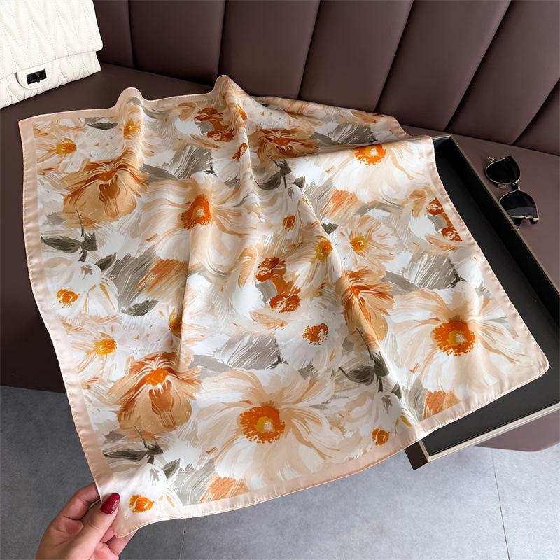 Luxury Floral Print Square Scarf Women Soft Satin Hairband Neckerchief Office Hijab Headband Foulard Bag Ribbons Gift