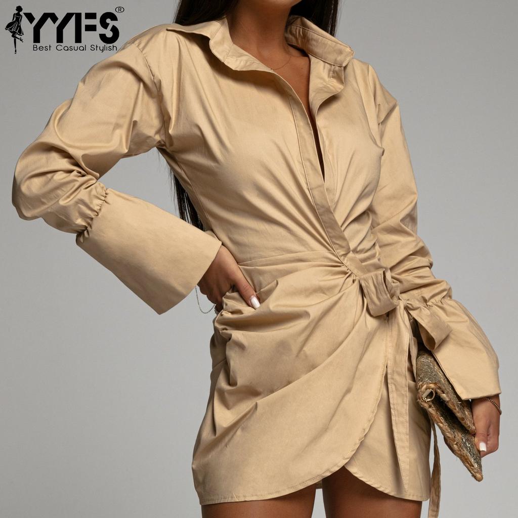 YYFS Dámská móda Jaro Podzim Jednobarevný Potisk Dlouhý Rukáv POLO Límec Neformální Šaty