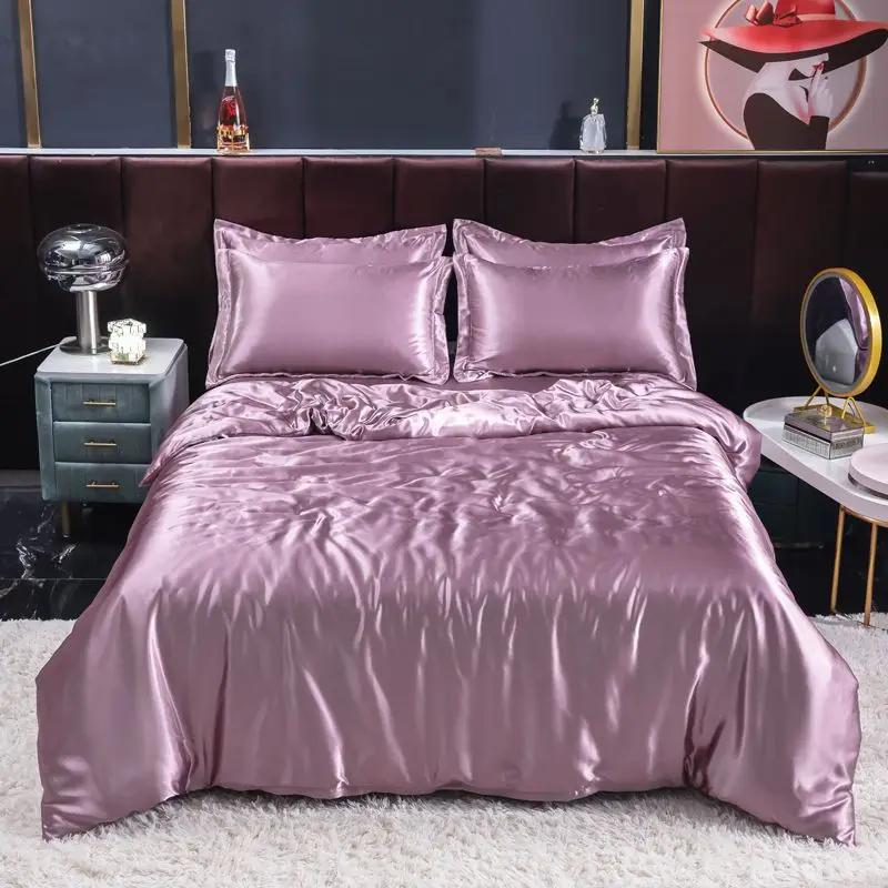 Nordic Satin Silk Bedding Set with Duvet Cover Bed Sheet Pillowcases Luxury Solid Single Double Couple Pillow Case Bedsheet