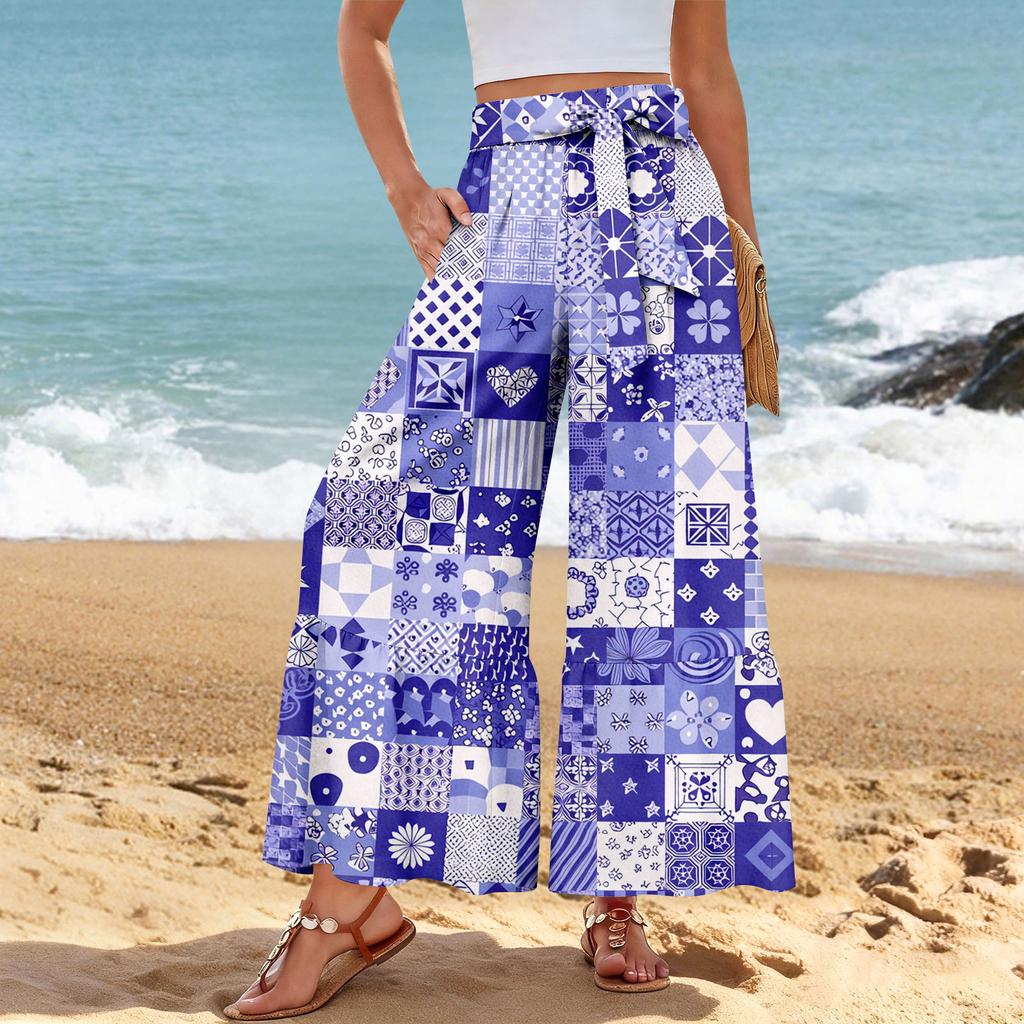 Women's Wide-Leg Casual Pants, Stretch, High Waist, Ruffled Hem, Wide Legs, Belted, And Pockets