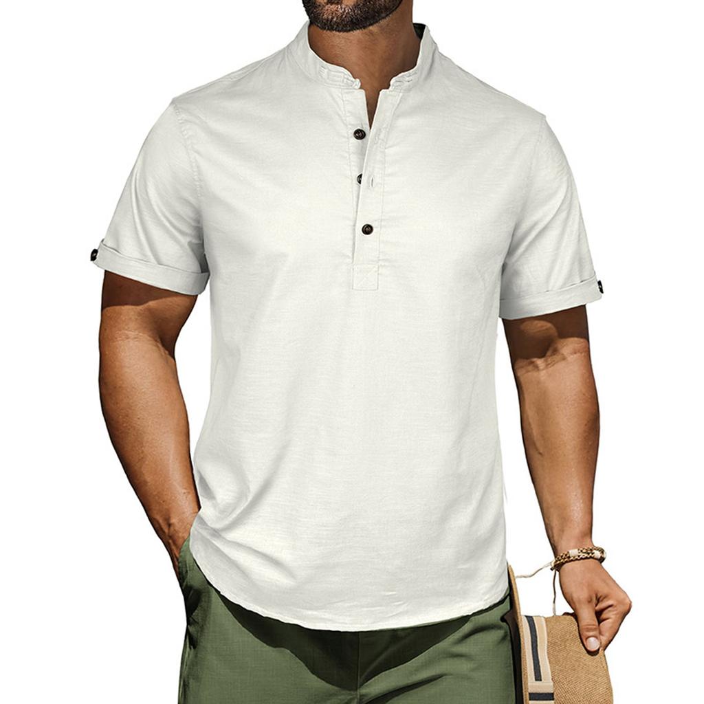 Men's Casual Shirt Short Sleeve Band Collar Linen Shirt Summer Beach Hippie T-Shirts