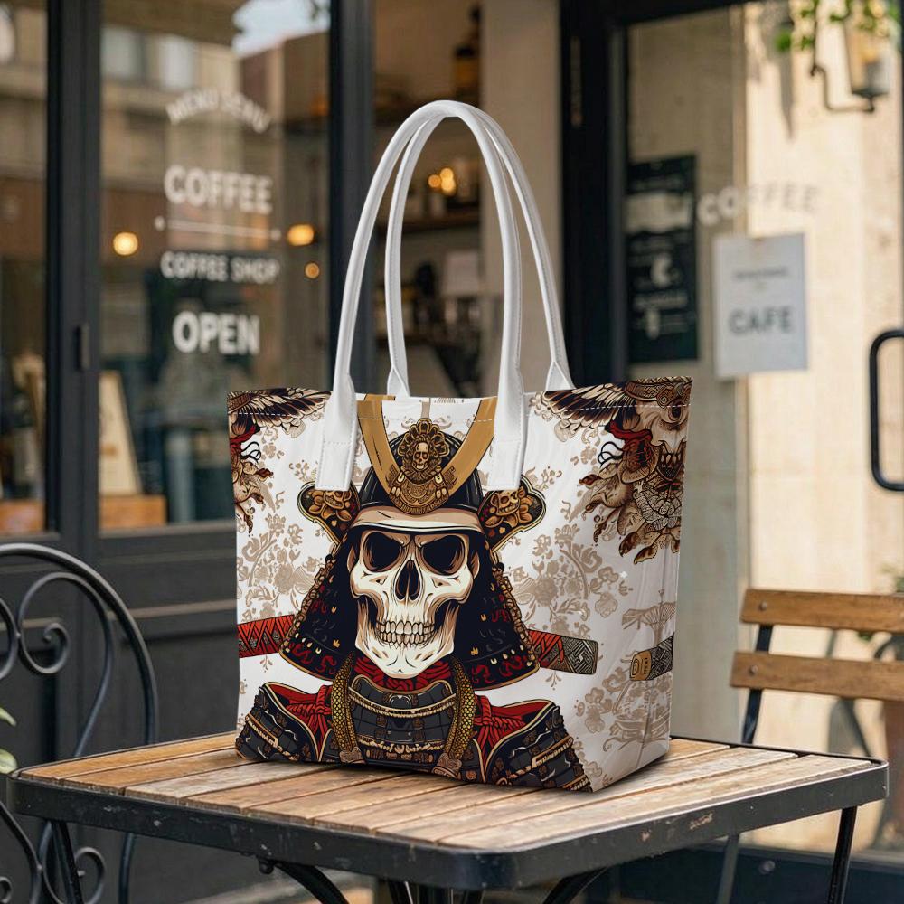 Japanese Samurai Skull Print Casual Tote Bag Lightweight Fashion Shoulder Bag for Daily Use