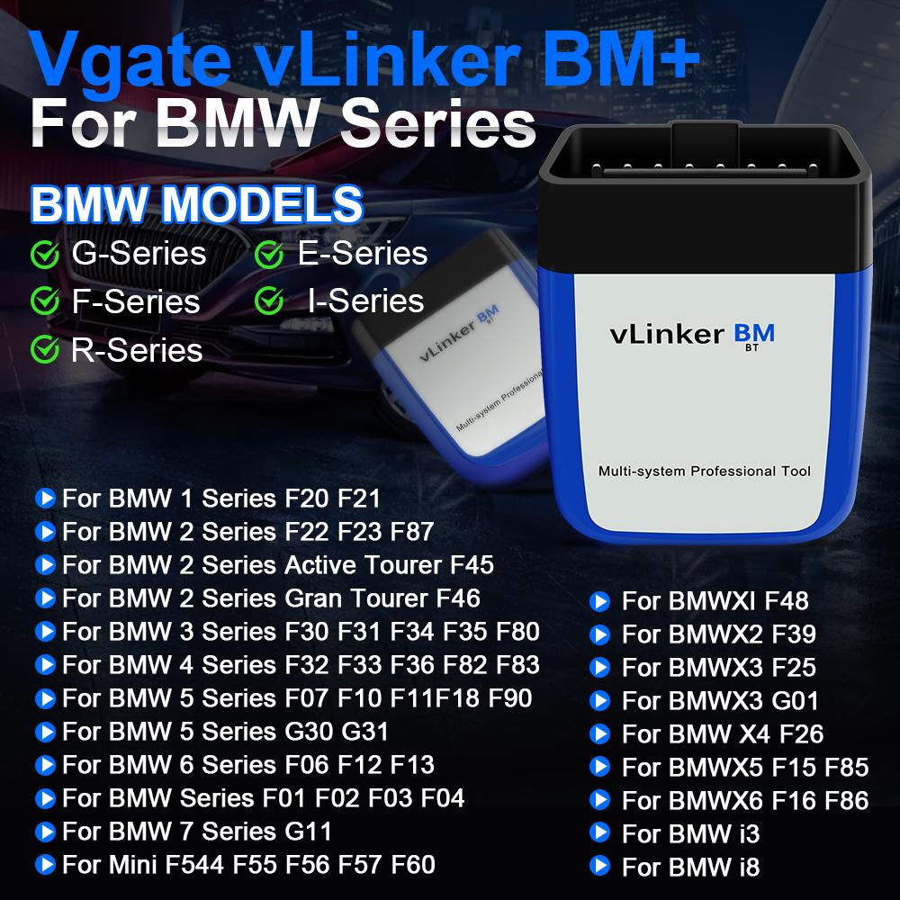 Vgate VLinker BM+ Nástroj pro skenování OBD pro automobily BMW Flashování Skrytý Bimmercode Dedikovaný ELM327 Bluetooth 4.0 Pro Android IOS Nástroj pro skenování a čtení kódů automobilů